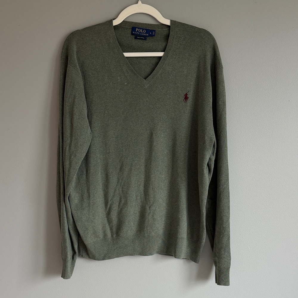 Ralph Lauren V-Neck Sweater in Olive with Red Pony